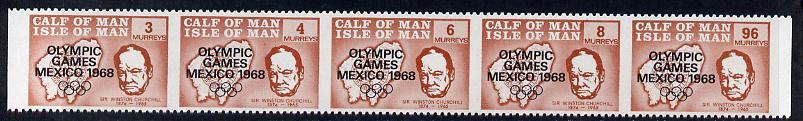 Calf of Man 1968 Olympic Games Mexico overprinted on Churchill strip set of 5 in brown with vertical perfs omitted, unmounted mint as Rosen CA123-27
