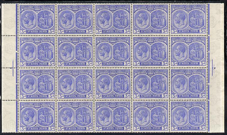 St Kitts-Nevis 1921-29 KG5 Script CA Medicinal Spring 3d ultramarine marginal block of 20 being rows 5, 6, 7 & 8 unmounted mint SG 45