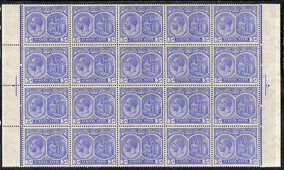 St Kitts-Nevis 1921-29 KG5 Script CA Medicinal Spring 3d ultramarine marginal block of 20 being rows 5, 6, 7 & 8 unmounted mint SG 45