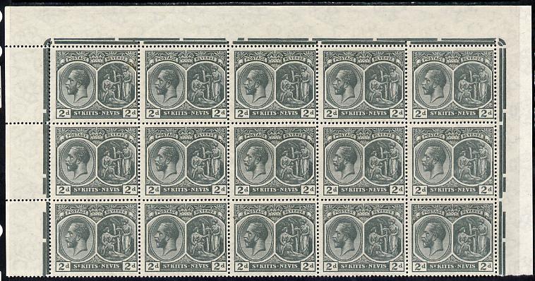 St Kitts-Nevis 1920-22 KG5 MCA Medicinal Spring 2d slate-grey marginal block of 15 Rows 1, 2 & 3 unmounted mint SG 27