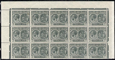 St Kitts-Nevis 1920-22 KG5 MCA Medicinal Spring 2d slate-grey marginal block of 15 Rows 1, 2 & 3 unmounted mint SG 27