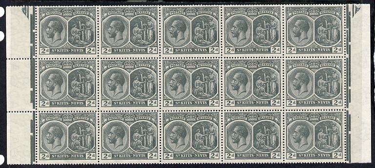 St Kitts-Nevis 1920-22 KG5 MCA Medicinal Spring 2d slate-grey marginal block of 15 Rows 7, 8 & 9 unmounted mint SG 27