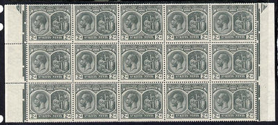 St Kitts-Nevis 1920-22 KG5 MCA Medicinal Spring 2d slate-grey marginal block of 15 Rows 7, 8 & 9 unmounted mint SG 27
