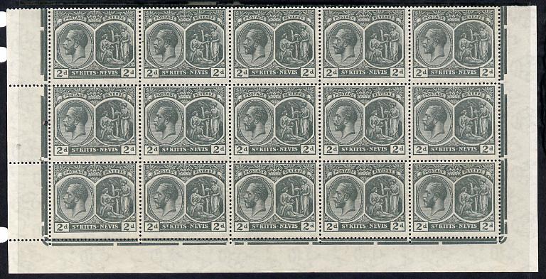 St Kitts-Nevis 1920-22 KG5 MCA Medicinal Spring 2d slate-grey marginal block of 15 Rows 10, 11 & 12 without plate nos unmounted mint SG 27