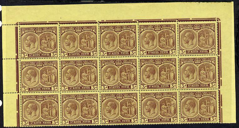 St Kitts-Nevis 1920-22 KG5 MCA Medicinal Spring 3d purple on yellow marginal block of 15 Rows 1, 2 & 3 unmounted mint SG 29