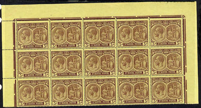 St Kitts-Nevis 1920-22 KG5 MCA Medicinal Spring 3d purple on yellow marginal block of 15 Rows 1, 2 & 3 unmounted mint SG 29