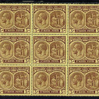 St Kitts-Nevis 1920-22 KG5 MCA Medicinal Spring 3d purple on yellow marginal block of 15 Rows 7, 8 & 9 unmounted mint SG 29