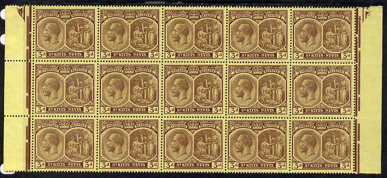 St Kitts-Nevis 1920-22 KG5 MCA Medicinal Spring 3d purple on yellow marginal block of 15 Rows 7, 8 & 9 unmounted mint SG 29