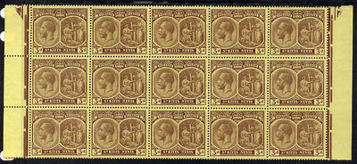 St Kitts-Nevis 1920-22 KG5 MCA Medicinal Spring 3d purple on yellow marginal block of 15 Rows 7, 8 & 9 unmounted mint SG 29