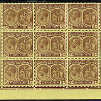 St Kitts-Nevis 1920-22 KG5 MCA Medicinal Spring 3d purple on yellow marginal block of 15 Rows 10, 11 & 12 without plate nos unmounted mint SG 29