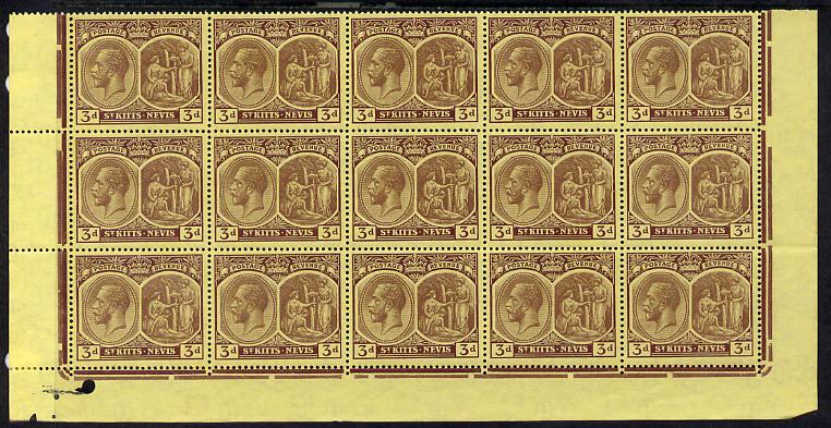 St Kitts-Nevis 1920-22 KG5 MCA Medicinal Spring 3d purple on yellow marginal block of 15 Rows 10, 11 & 12 without plate nos unmounted mint SG 29