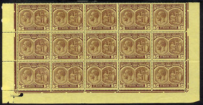 St Kitts-Nevis 1920-22 KG5 MCA Medicinal Spring 3d purple on yellow marginal block of 15 Rows 10, 11 & 12 without plate nos unmounted mint SG 29