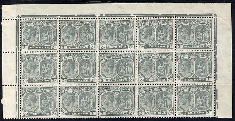 St Kitts-Nevis 1921-29 KG5 Script CA Medicinal Spring 2d slate-grey marginal block of 15 Rows 1, 2 & 3 unmounted mint some split perfs SG 41
