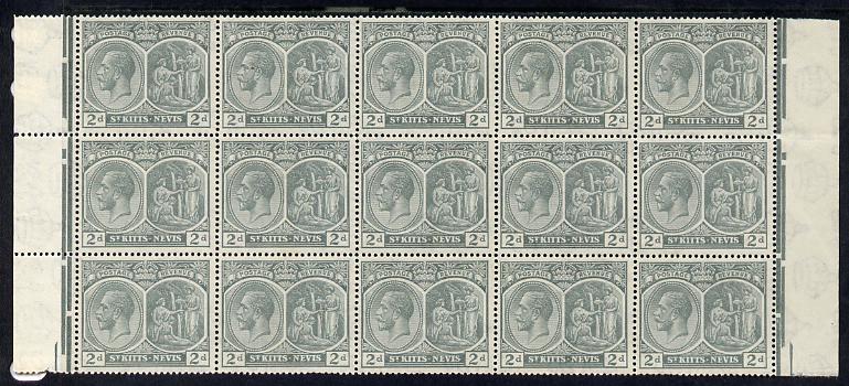 St Kitts-Nevis 1921-29 KG5 Script CA Medicinal Spring 2d slate-grey marginal block of 15 Rows 4, 5 & 6 unmounted mint some split perfs SG 41