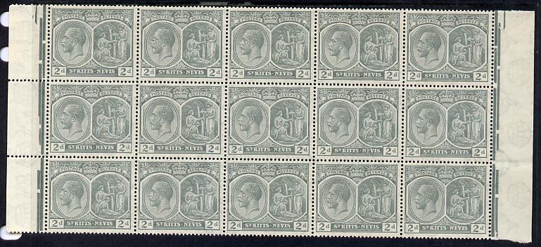 St Kitts-Nevis 1921-29 KG5 Script CA Medicinal Spring 2d slate-grey marginal block of 15 Rows 7, 8 & 9 unmounted mint some split perfs SG 41