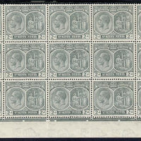 St Kitts-Nevis 1921-29 KG5 Script CA Medicinal Spring 2d slate-grey marginal block of 15 Rows 10, 11 & 12 with plate No.1 (x2) unmounted mint some split perfs SG 41