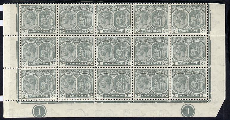 St Kitts-Nevis 1921-29 KG5 Script CA Medicinal Spring 2d slate-grey marginal block of 15 Rows 10, 11 & 12 with plate No.1 (x2) unmounted mint some split perfs SG 41