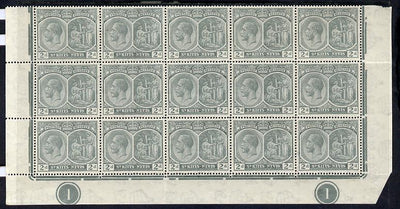 St Kitts-Nevis 1921-29 KG5 Script CA Medicinal Spring 2d slate-grey marginal block of 15 Rows 10, 11 & 12 with plate No.1 (x2) unmounted mint some split perfs SG 41