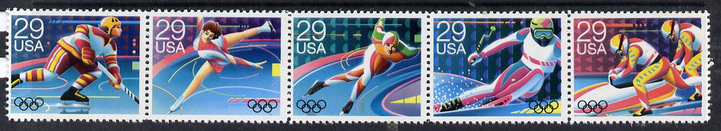 United States 1992 Albertville Winter Olympics se-tenant strip of 5 unmounted mint SG 2645a