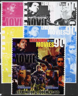 Turkmenistan 2002 Legendary Movies of the '90's - Terminator 2, large sheetlet containing 2 values - the set of 5 imperf progressive proofs comprising the 4 individual colours plus all 4-colour composite, unmounted mint