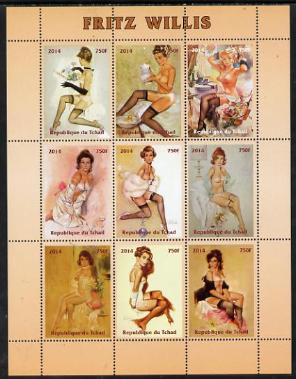 Chad 2014 Erotic Art by Fritz Willis perf sheetlet containing 9 values unmounted mint. Note this item is privately produced and is offered purely on its thematic appeal. .